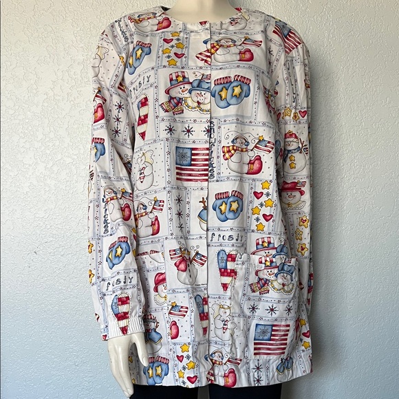 Cherokee Scrub Jacket Medium Snowman Winter Print | Festive Medical Wear - Picture 3 of 7